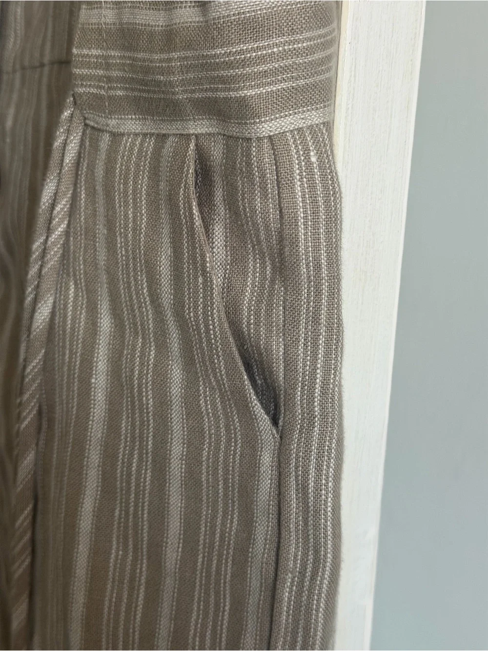 HEVRON Linen Striped Button-Front Short Sleeve Romper - Taupe & White NWT
